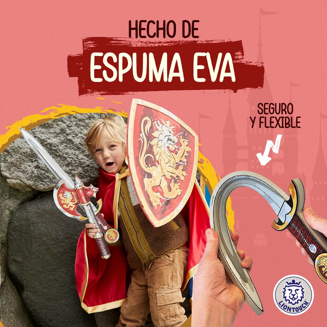 Liontouch - Espada, Escudo y Hacha Roja de Caballero Noble, Niños Edades de 3-8 Años | Set de Espuma de Tema Medieval de León Dorado | Accesorio Seguro para Batallas, Disfraces y Trajes de Caballero