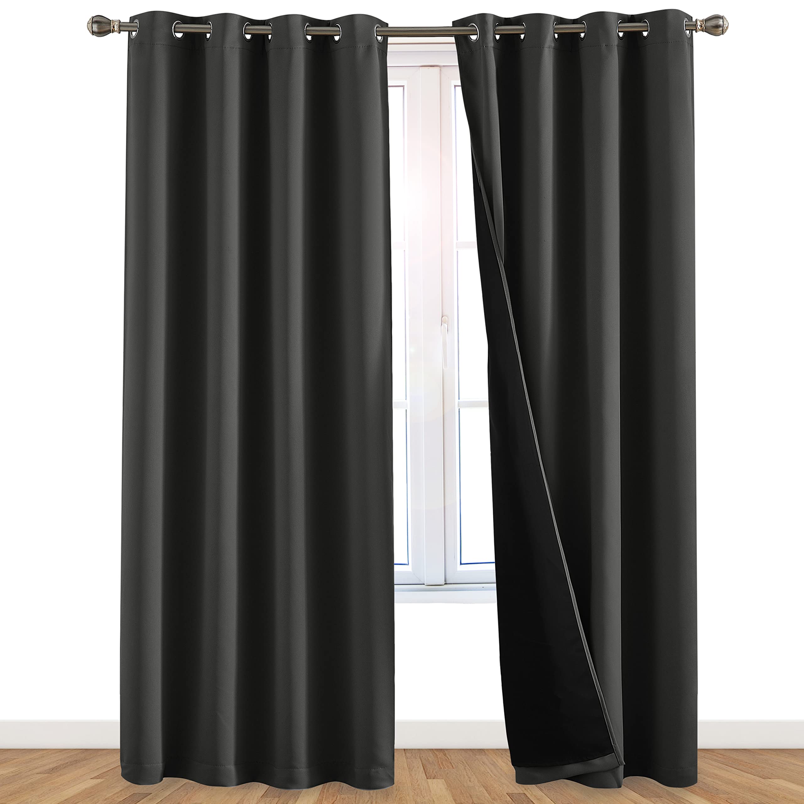 Photo 1 of 100% Blackout Window Curtains: Room Darkening Thermal Window Treatment with Light Blocking Black Liner for Bedroom, Nursery and Day Sleep - 2 Pack of Drapes, Charcoal (84” Drop x 52” Wide Each) Charcoal W52 x L84