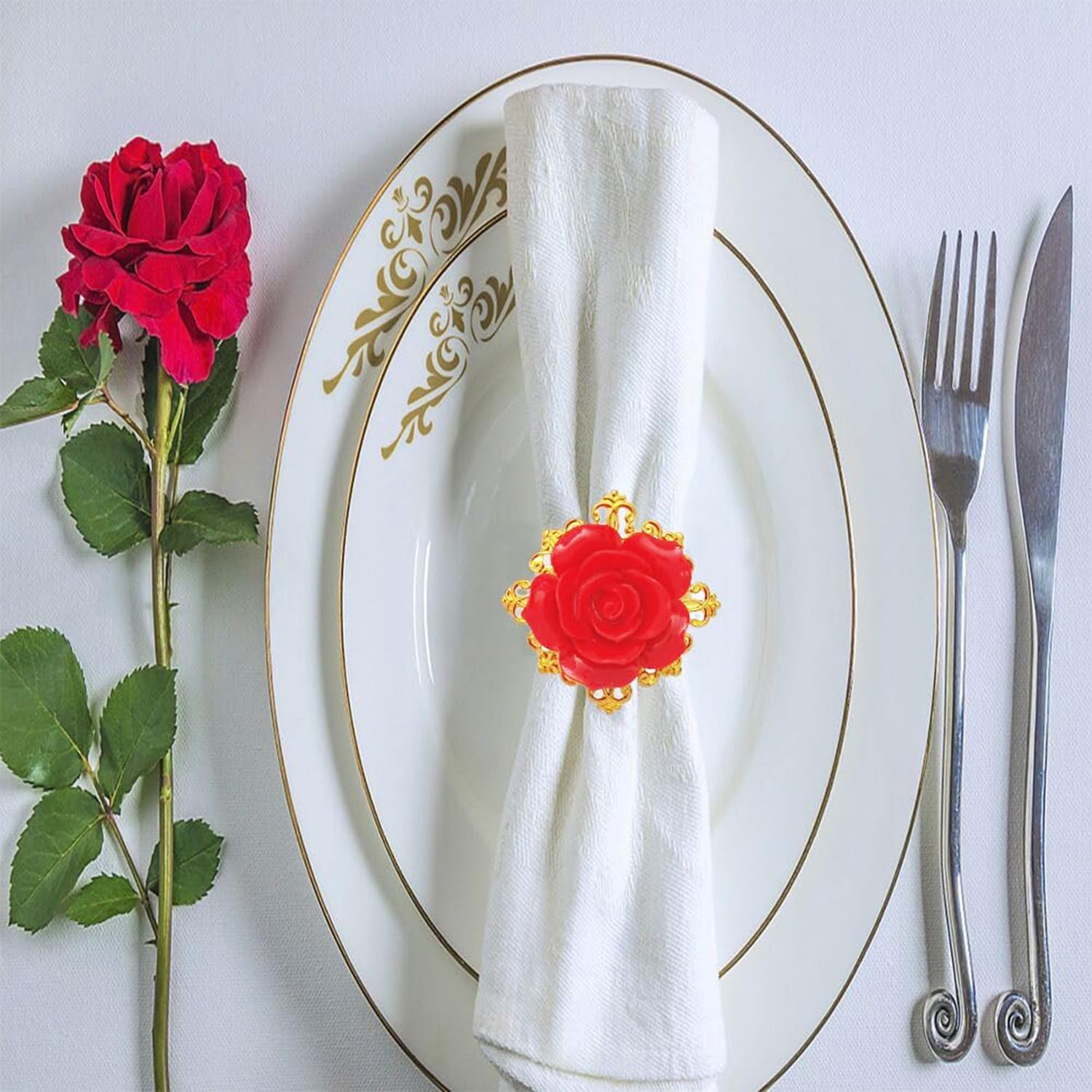 12Pcs Rose Napkin Rings, Flower Shape Metal Napkin Holder, Red