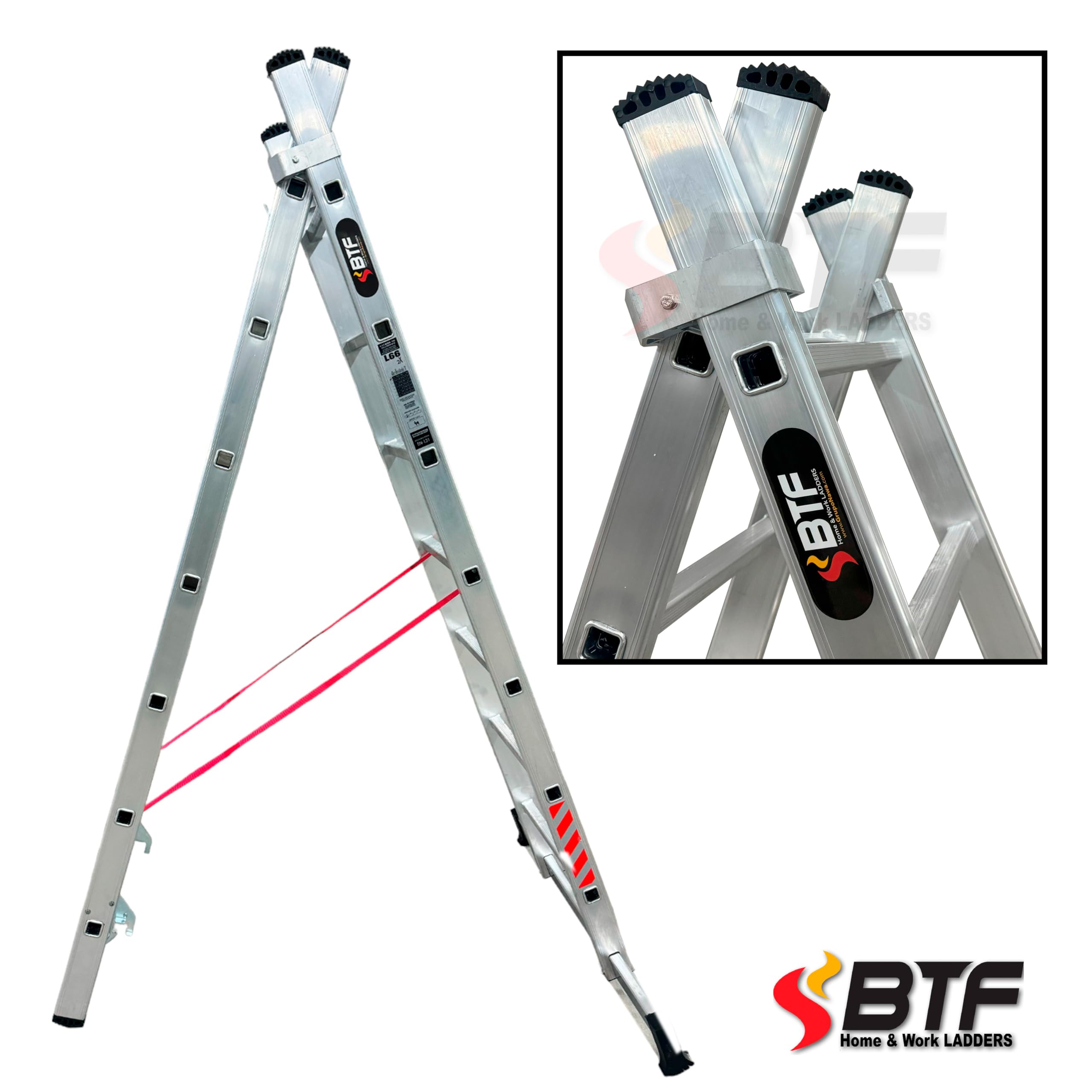 BTF | Escalera Plegable Aluminio Transformable 2 Tramos | Combinada 2 Secciones x 7 Peldaños, Escalera de Tijera y Extensible de Apoyo, Altura Apoyo 3,1m, Tijera 1,9m, Certificada EN131 Uso Doméstico