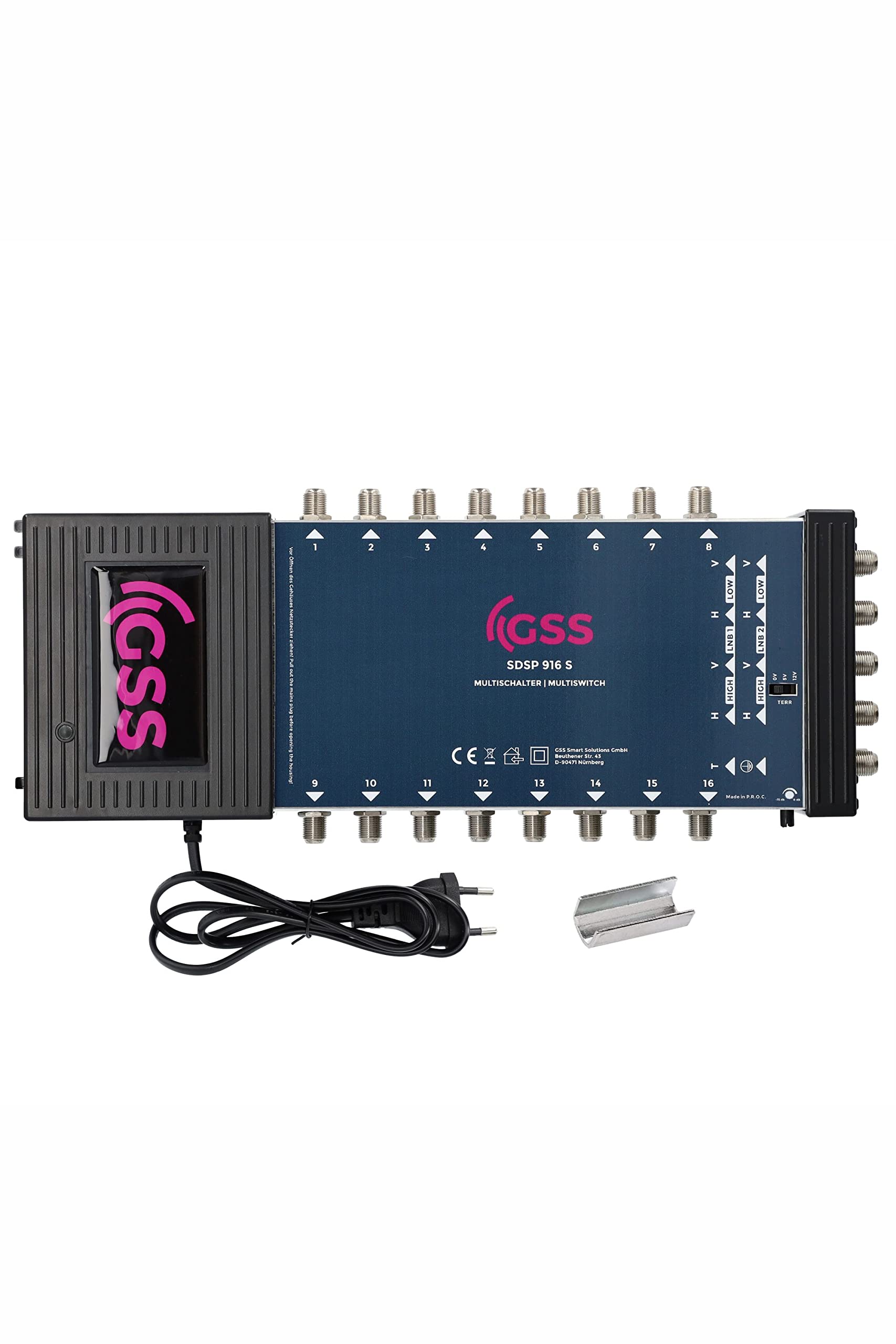 GSS Commutatore 9/16 per 16 partecipanti e 2 satelliti con ausilio di sollevamento, adatto per 2 Quad o 2 Quattro LNB – Terestrik regolabile – 22 Khz – alimentatore integrato – Multiswitch