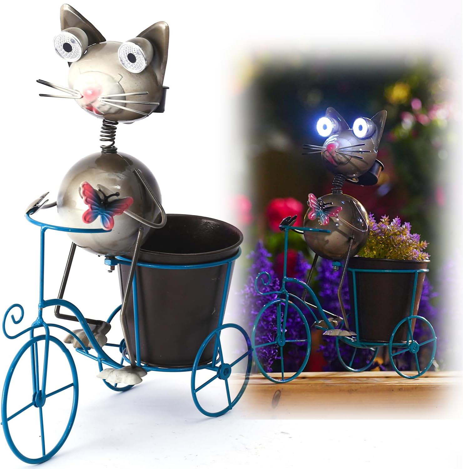 14”Solar Bike Cat Statue Lights Outdoor Metal Yard Art, Funny Bicycle Plant Stand for Garden Patio Decor Lawn Ornaments (Bicycling Cat)