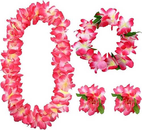 Hawaiian Leis 4-Piece Set  Extra-Fluffy 80-Petal Density Silk Flower Necklace, Headband & 2 Wristbands  Soft Tropical Luau Party Favors & Costume