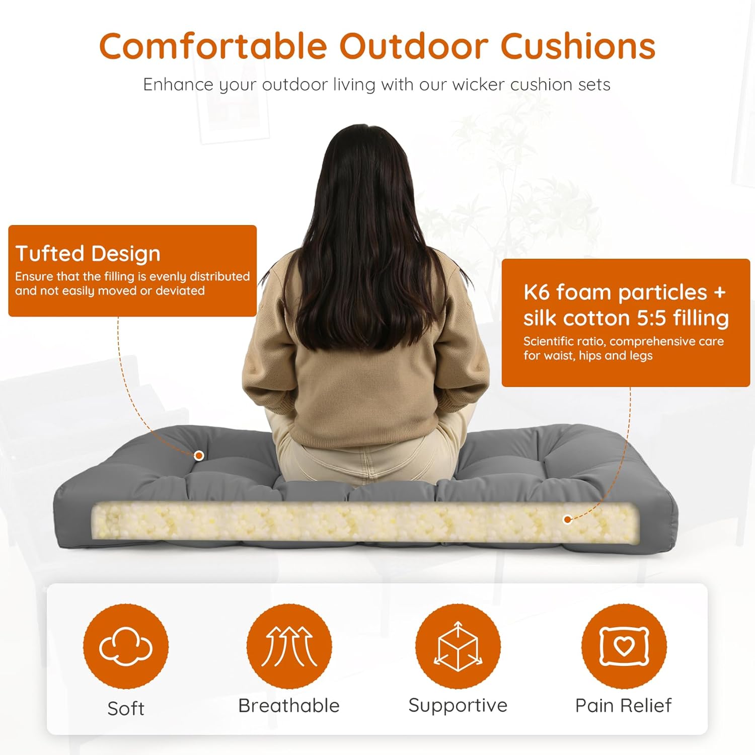 Wicker Furniture Cushions Set of 3. Anti-Slip/Waterproof Patio Furniture Chair Cushions. Tufted Outdoor Furniture Cushions 4 Inch Extra Thick. (Dark Grey, 44x19)