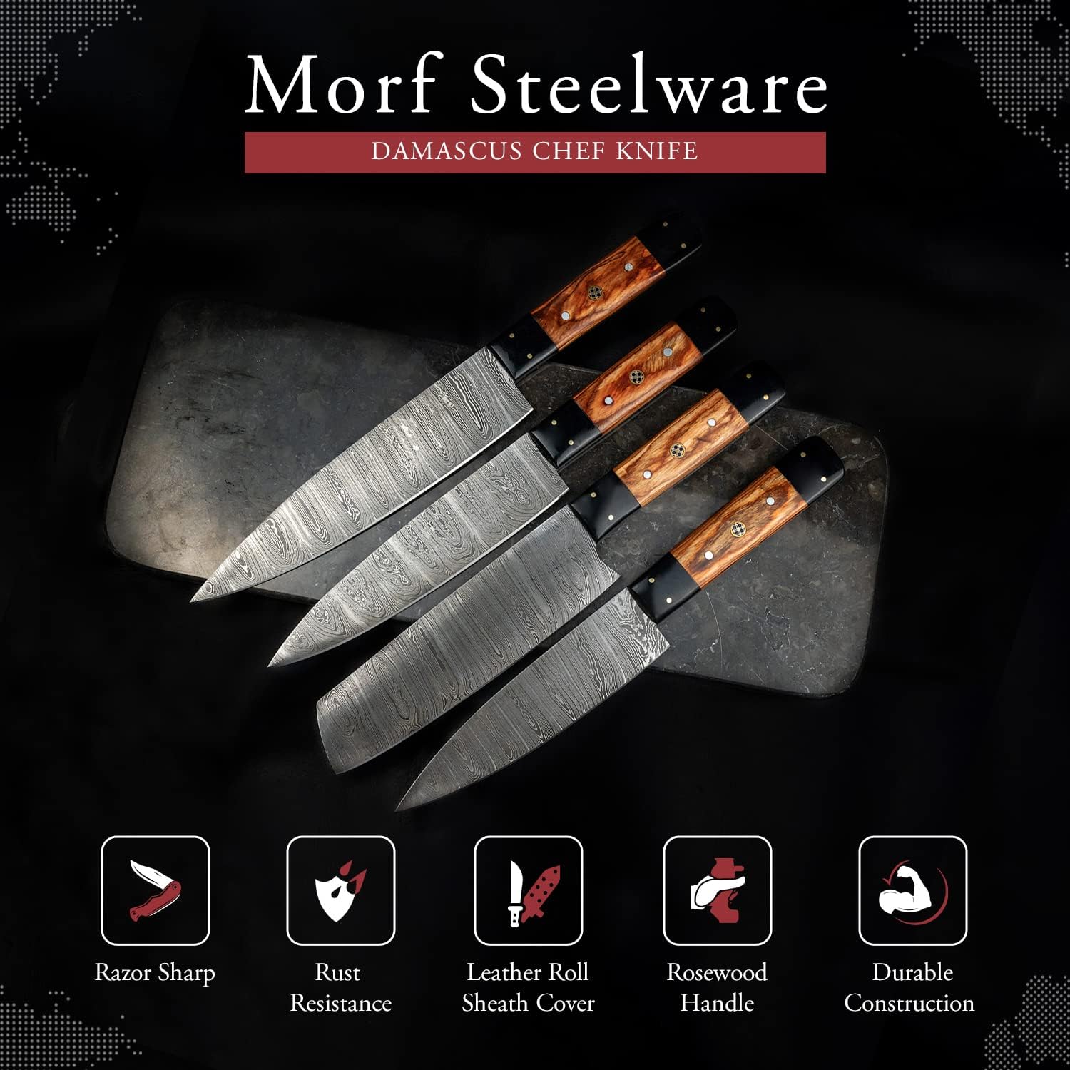 Morf Steelware Damascus Chef Knife, 4 Pieces of Damascus Steel Kitchen Knife, Handmade BBQ Knife with Leather Roll, Damascus Chef Cooking Knife, Kitchen Knife Set for Cutting & Chopping