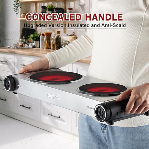 Miniatura 6 de Cusimax Estufa eléctrica portátil para cocinar con control de temperatura de potencia de 1800 W, placa caliente eléctrica doble, quemador infrarrojo