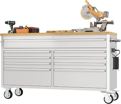 61 Inch Heavy Duty Rolling Tool Chest & Workbench - 15 Drawers, Sturdy Rubber Wood Top, Lockable Wheels, Power Outlets, USB Ports, Drawer Liners - Garage, Workshop, Warehouse Storage