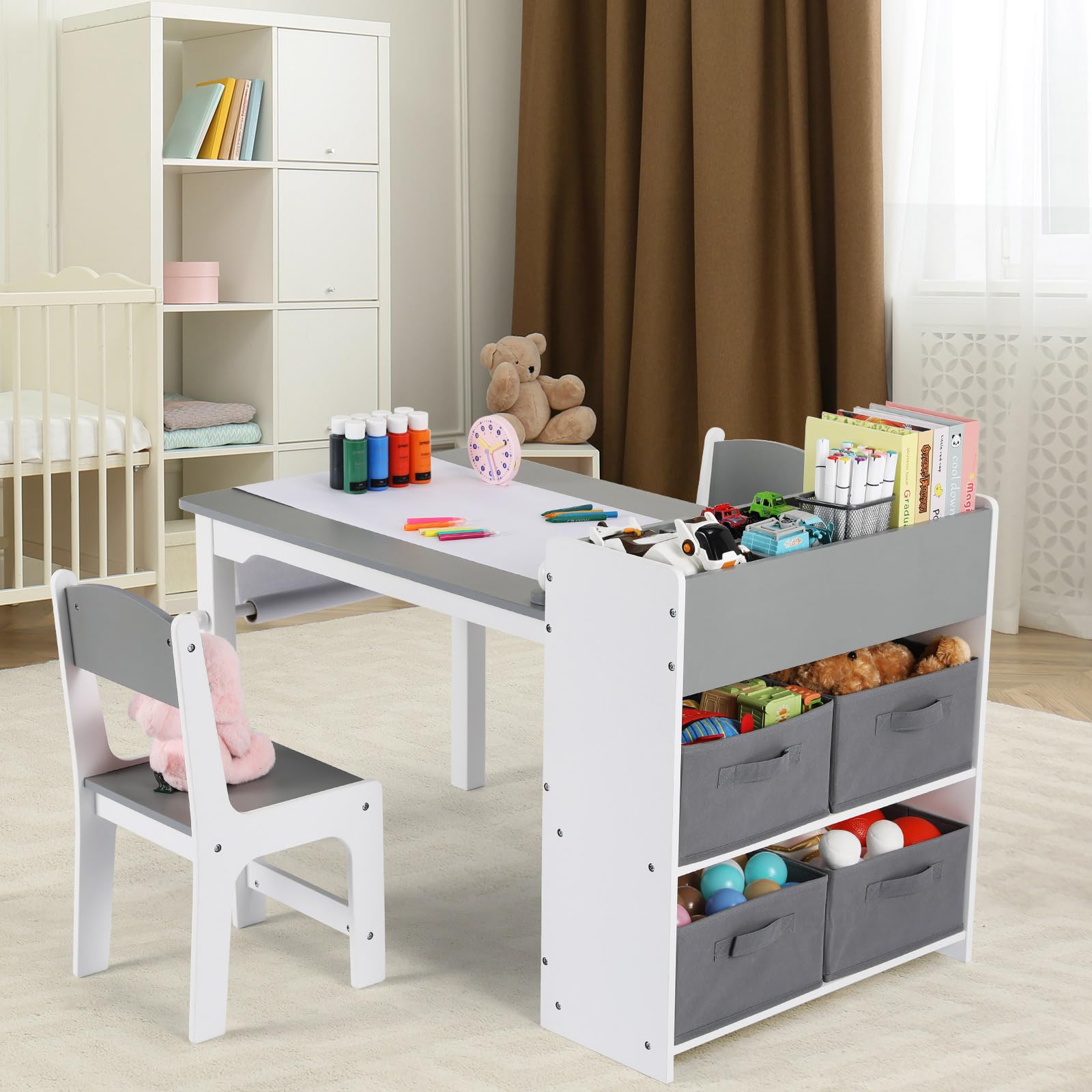 Clevich Table pour Enfant avec 2 Chaises, Table avec Espace de Rangement, Ensemble de Chaises en Bois, Bureau de Peinture avec Rouleau en Papier et 4 Boîtes de Rangement, Gris Blanc