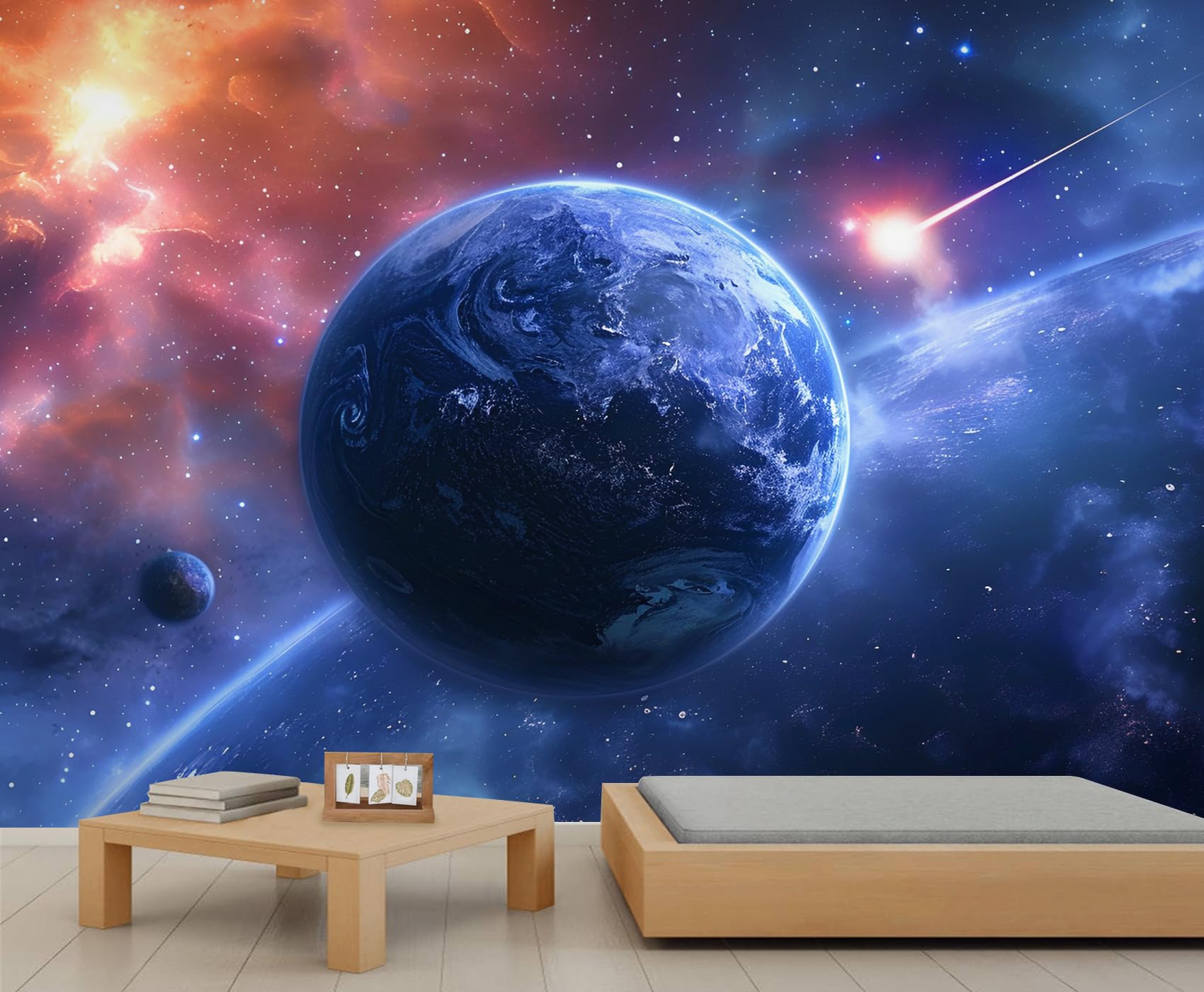 Sci-Fi Galaxy Wallpaper Blue Cosmic Planet Wall Mural Cosmic Nebula Mural Space Meteor Murals Fantasy Universe Landscape Wallpaper for Bedroom Living Room 450 x 305 cm