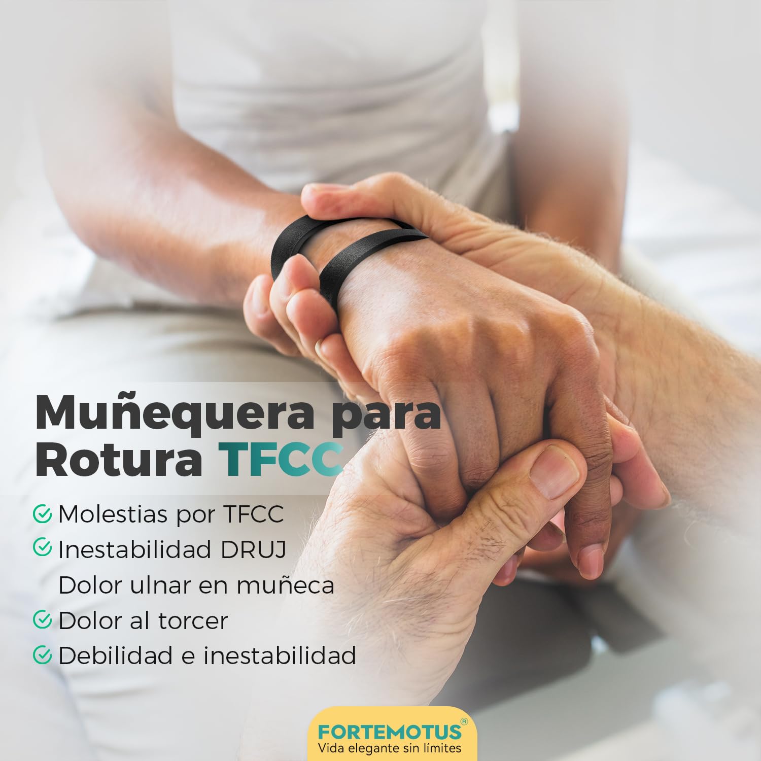 FORTEMOTUS Muñequera TFCC para Hombres y Mujeres, Soporte de Muñeca en Piel PU con Relleno Interno para Inestabilidad DRUJ y Dolor Ulnar, Ajustable para Mano Derecha e Izquierda, M