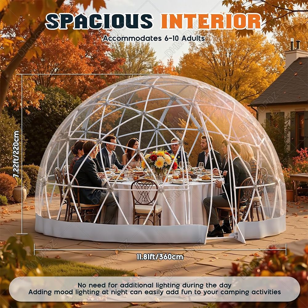 Odporne deszcz igloo ogrodowe,odporne warunki atmosferyczne,wytrzymała konstrukcja geodezyjna 10metrowymi lampkami LED kształcie gwiazdek,prefabrykowany schron zewnętrzny surową zimę upalne 12FT