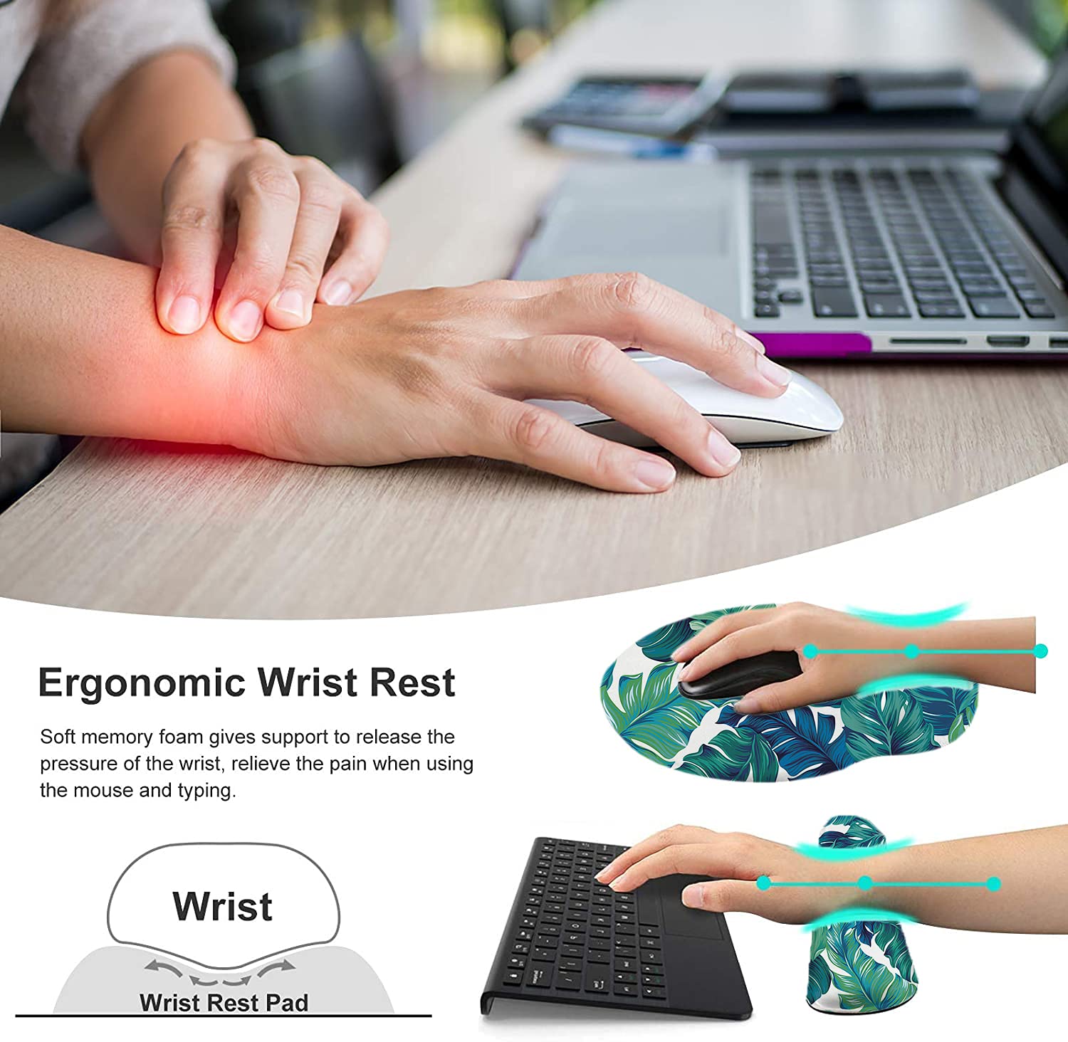 Tappetino per mouse e poggiapolsi con supporto per il polso, ergonomico mouse pad in memory foam per gioco e ufficio, set di supporto per il polso e per il sollievo dal dolore