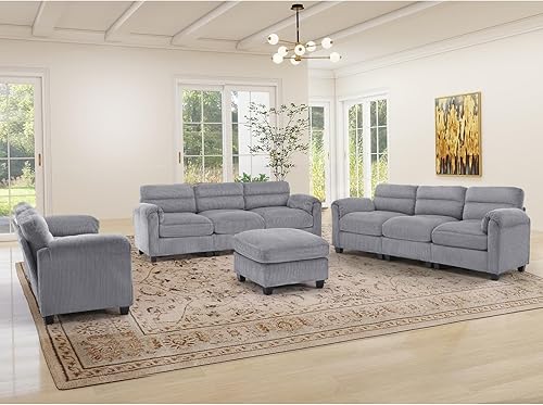 Miniatura 14 de Juego de sofá de pana, otomana tapizada, sofá de dos plazas y sofá de 3 plazas con cojines mullidos y brazos redondeados, juegos de muebles modernos