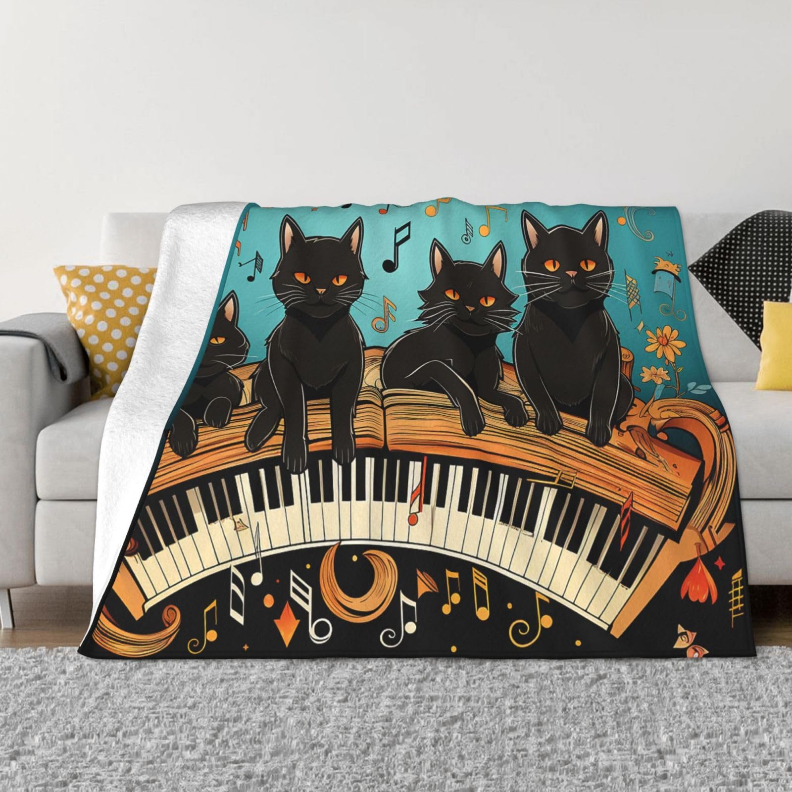 KLOPH Four Black Cats Throw Blanket 80"x60" Flannel Fluffy Warm Blanket for Couch, Reversible Plush Blankets for Bed, Comfy Fuzzy Blanket for Sofa, Plush Lightweight-Blankets for All Season