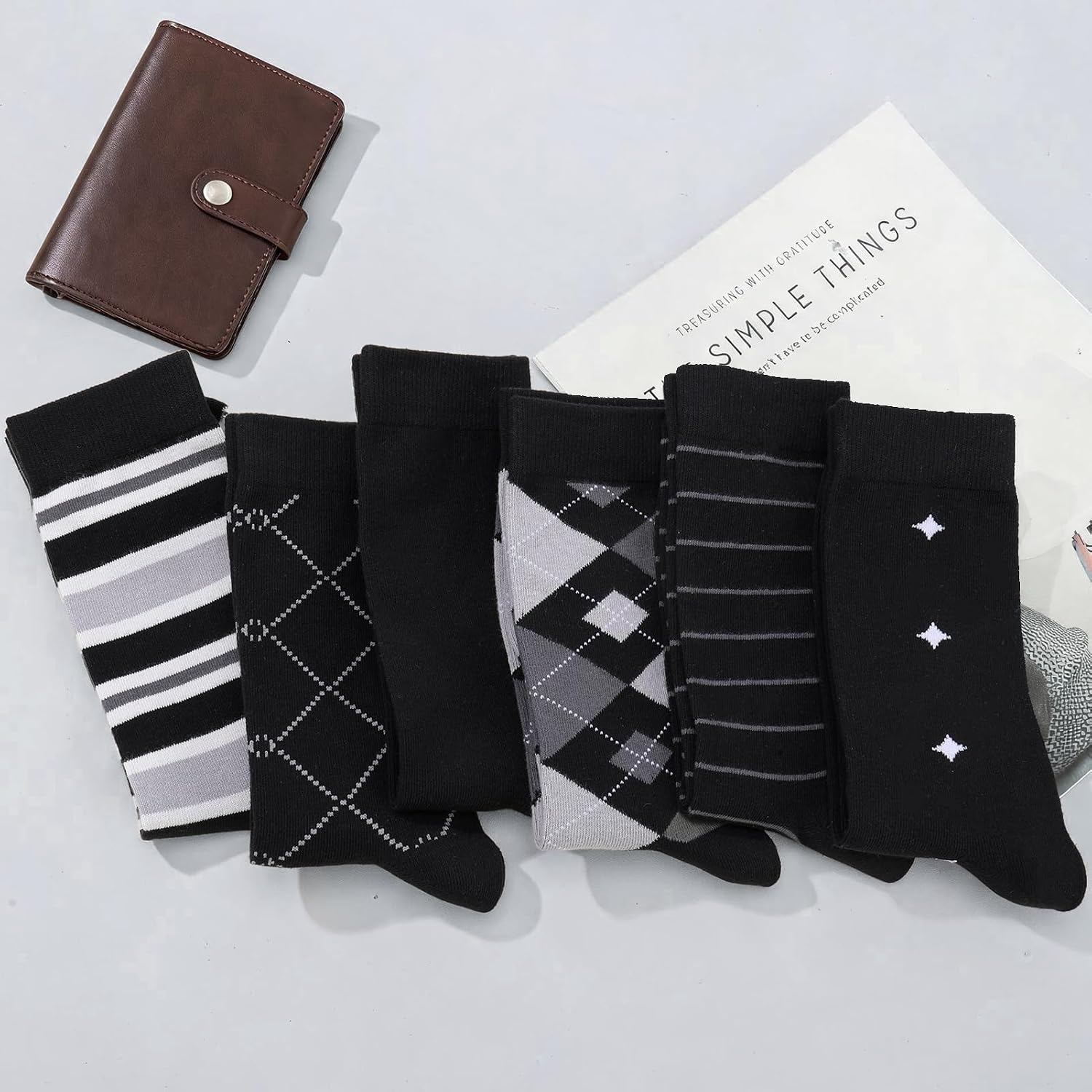 Mens Dress Socks, 6 Pairs Classic Dress Crew Socks Business Casual Cotton Sock Birthday Gift for Fathers Day