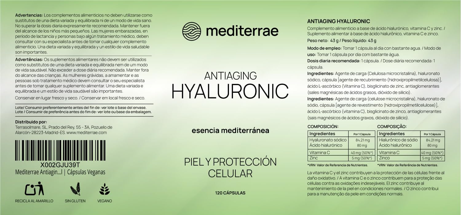 Ácido Hialurónico Cápsulas 120 Días | Piel Firme, Hidratación, Elasticidad y Luminosidad | Con Vitamina C + Zinc | Cápsulas Veganas y Protección Celular