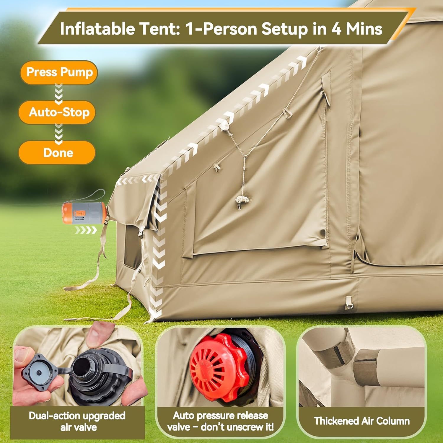 Inflatable Camping Tent,Easy Set up with Electric Air Pump, Waterproof Blow Up Tent for Adults, Portable Outdoor for Camping&Hiking