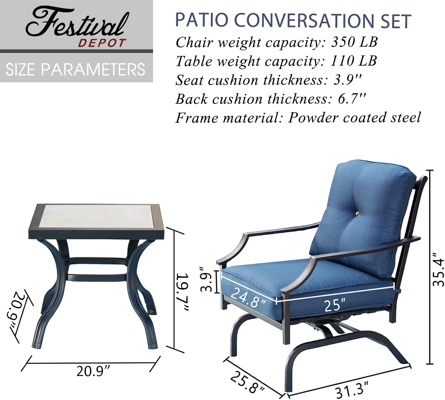 Festival Depot Outdoor Patio Bistro Funiture Set of 2 Chairs and Side Table with Ceramic-Like Top Metal Frame for Backyard Porch Poolside Balcony (Blue)