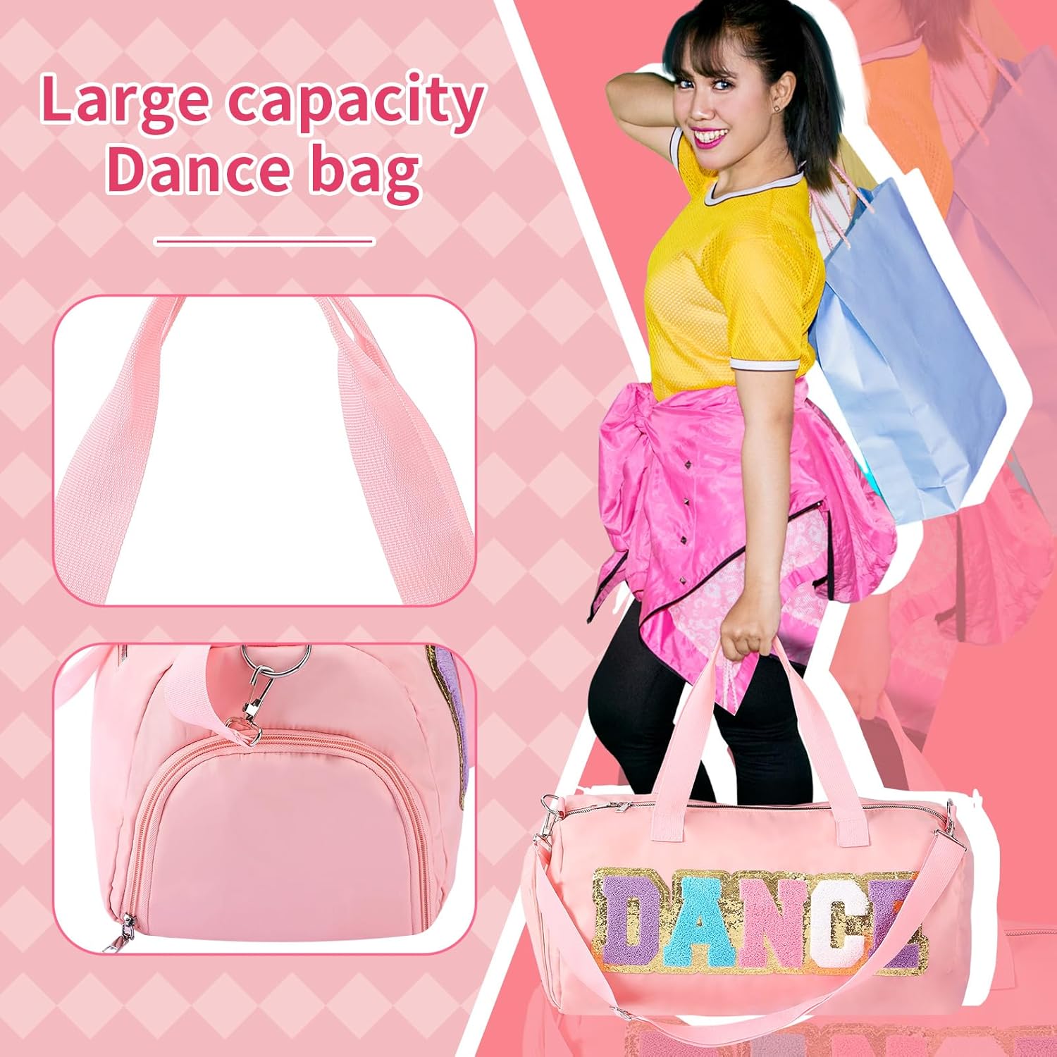 Dance Duffle Bag for women Bag with Adjustable Carry Strap and Handy Pouch Dance Backpack for Dancers(Pink)