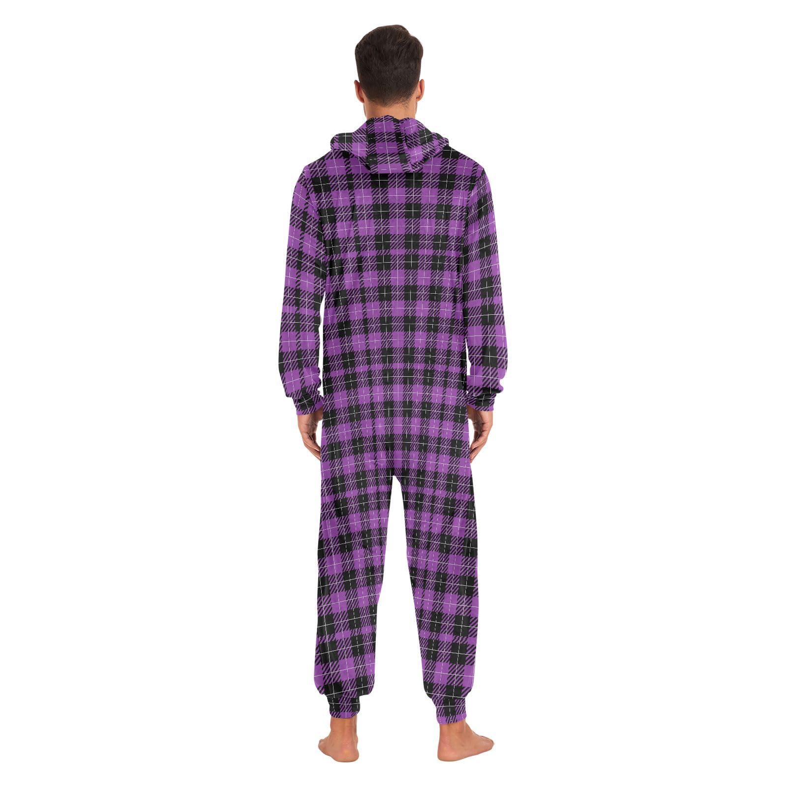 Einteiliger Schlafanzug für Erwachsene, Unisex, für Damen und Herren, violettes Karomuster, lustiges Kapuzen-Kostüm, Pijama de una pieza, Größe M