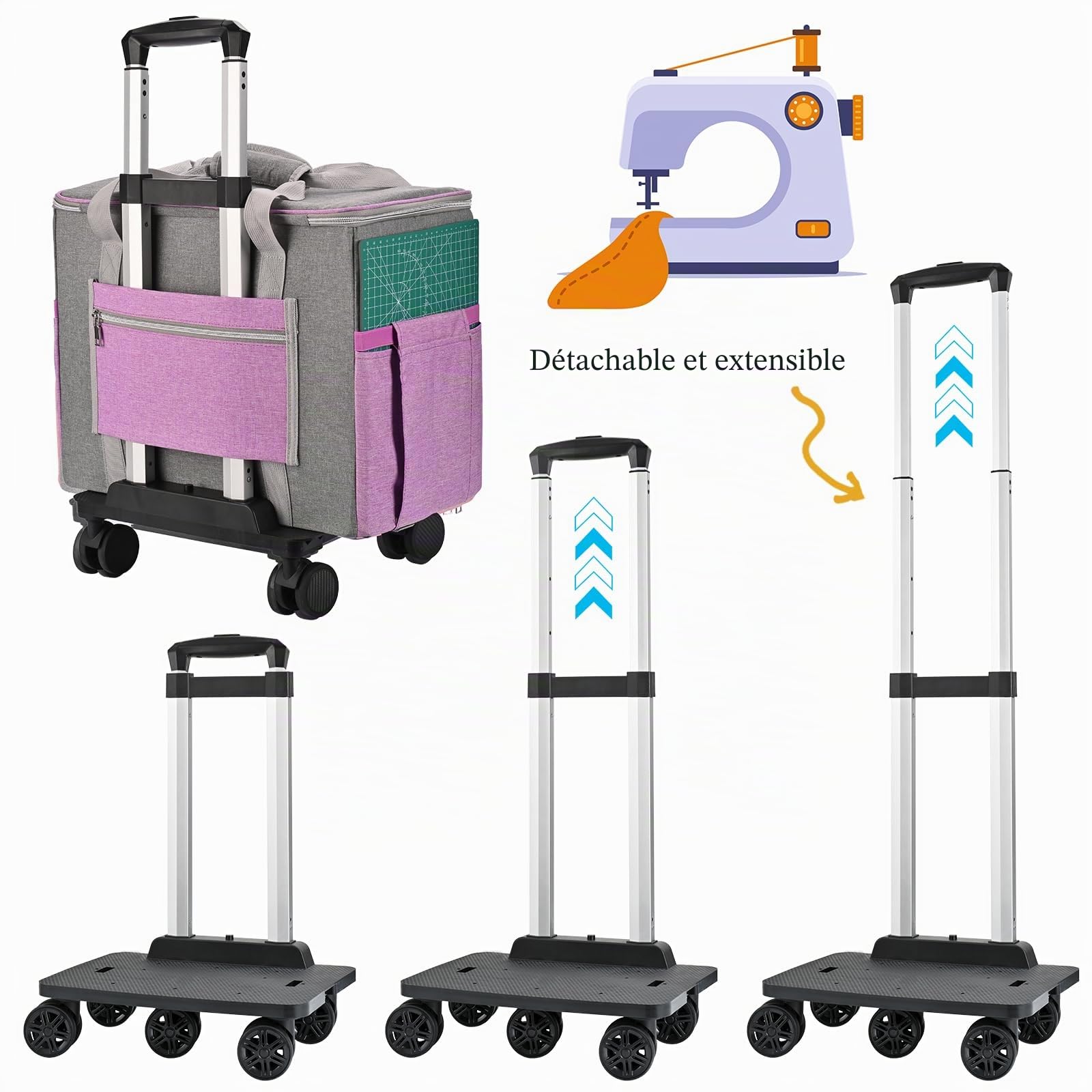 Étui pour Machine à Coudre avec roulettes, étui de Transport Amovible pour Machine à Coudre sur roulettes, Chariot fourre-Tout à roulettes avec Plusieurs Poches de Rangement pour la Plupart