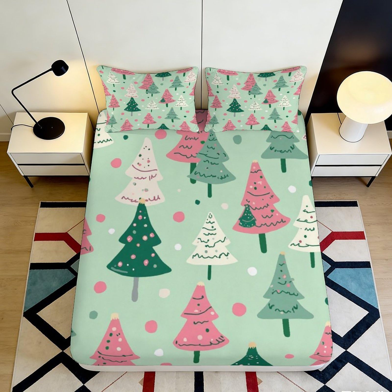 3D Printed Christmas Tree Fitted Sheet Microfiber Soft Breathable Festive Pine Bed Cover for Bedroom Dorm Decor 90x200x25cm