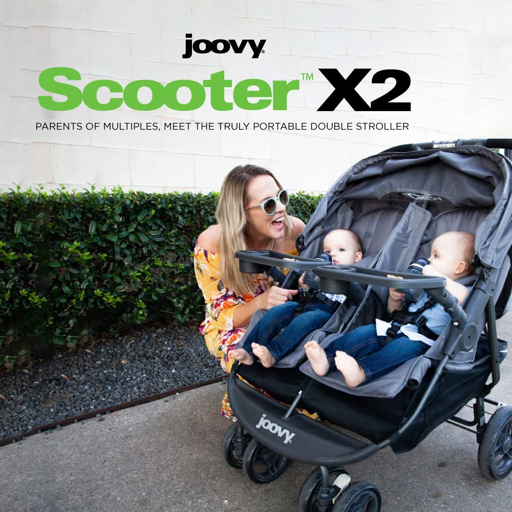 Joovy Scooter X2 Side-by-Side Double Stroller Featuring Dual Snack Trays, One-Handed Fold, Multi-Position Reclining Seats, Adjustable Leg Rests, and in-Seat Storage (Blueberry)