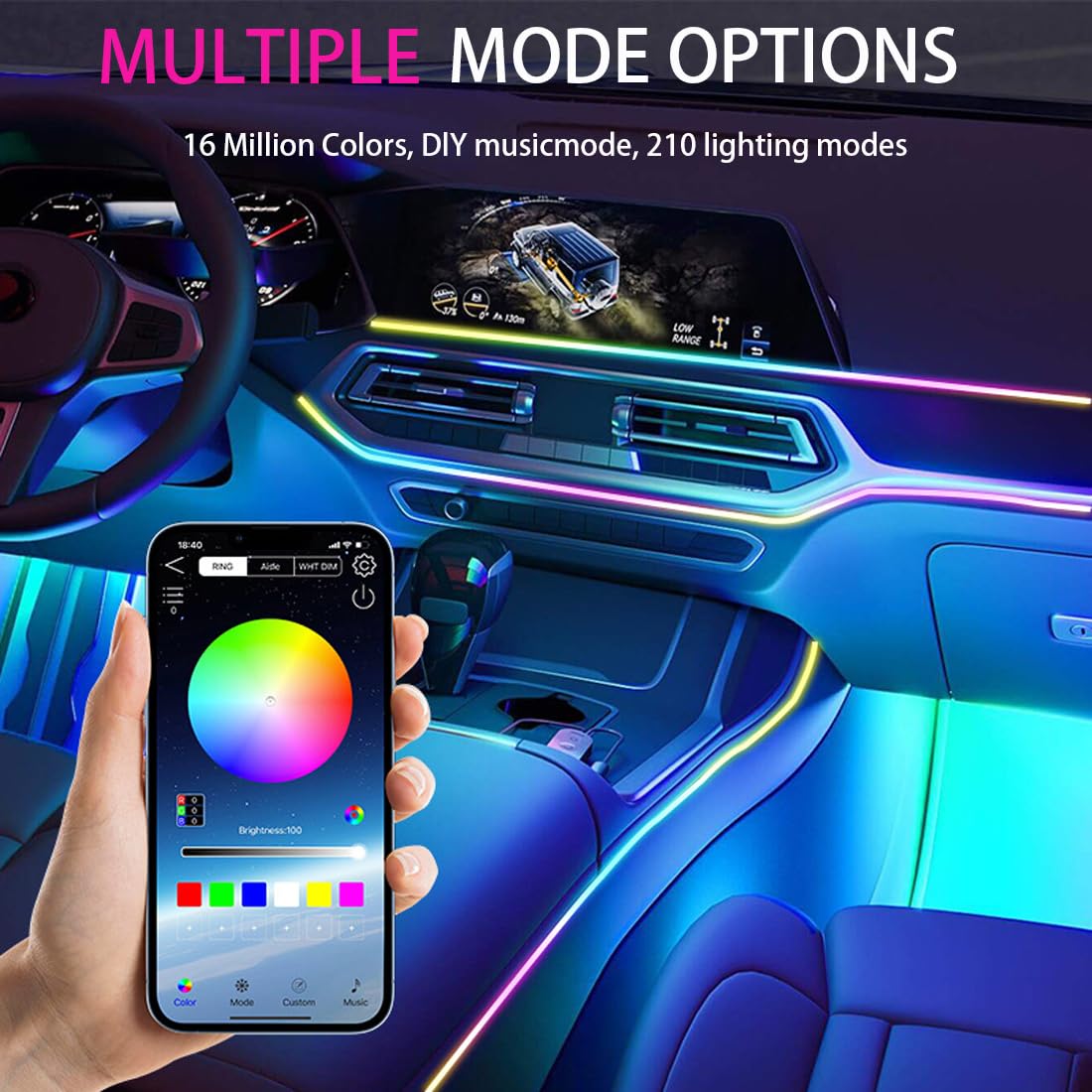 Kit di strisce LED per illuminazione interna dell'auto, in acrilico, 2 in 1, 110 cm + 35 cm, con controllo tramite app, 16 milioni di colori, 210 modalità per decorazione abitacolo e cruscotto.