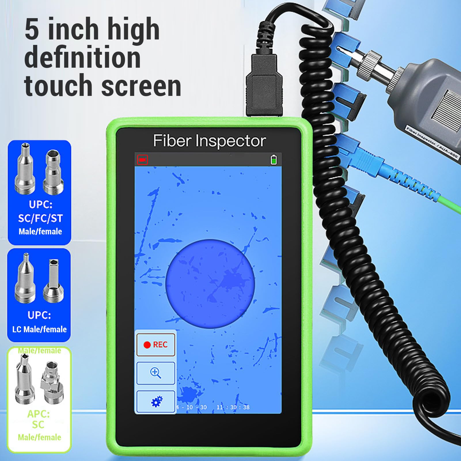 Faser -End -Gesichtsdetektor, Faser -Optik -Inspektion Mikroskop Faseranschluss Inspector 5 Zoll LCD -Touchscreen, 400 -fache Vergrößerung mit SC FC ST LC Männliche Weibliche