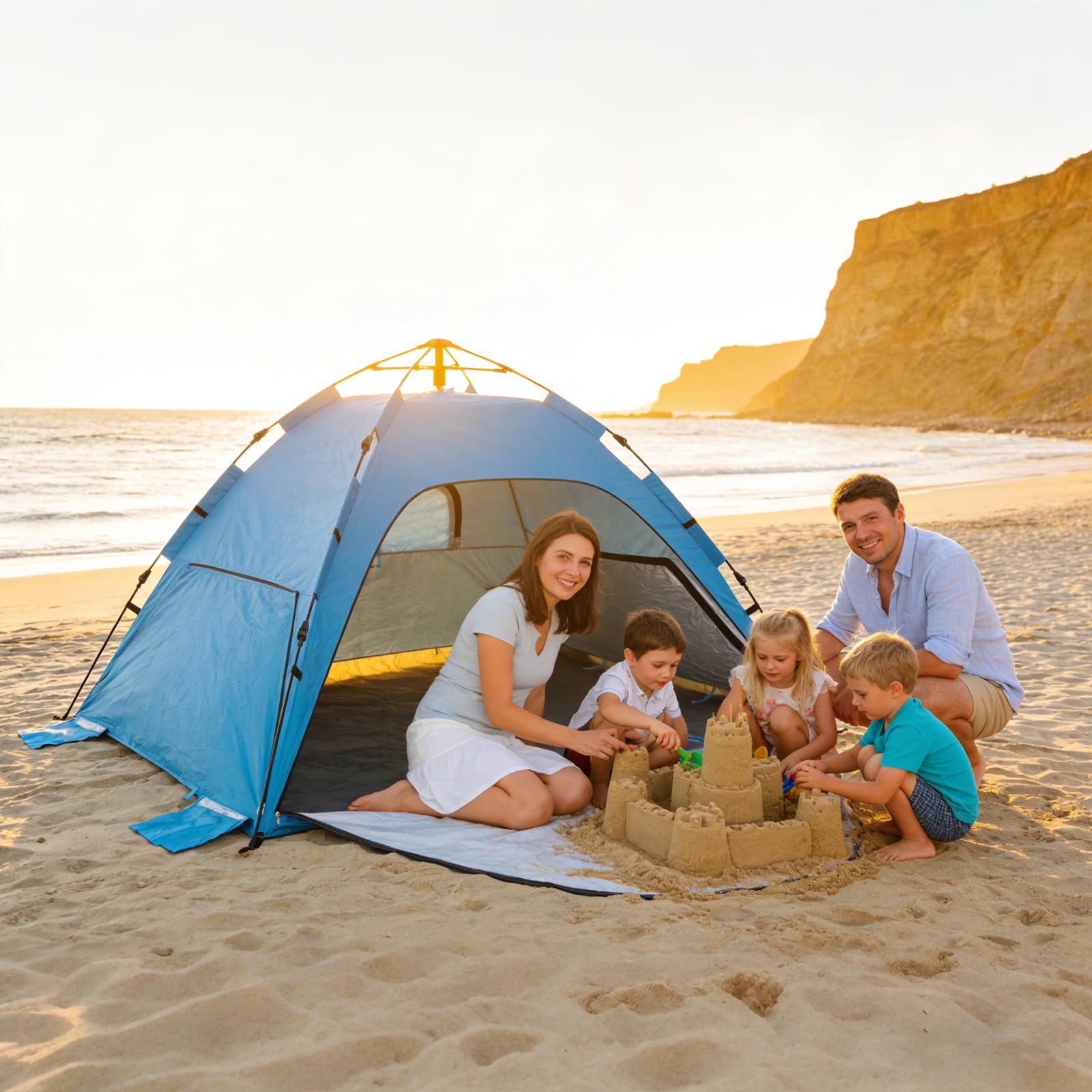 Pop Up Strandmuschel mit UV-Schutz 50+, Automatisches Strandzelt für 2-3 Personen, XXL Pop Up Strandmuschel mit Verlängerter Matte, Leichtes Windschutz Zelt für Baby & Familie, Einfach Aufbau & Abbau
