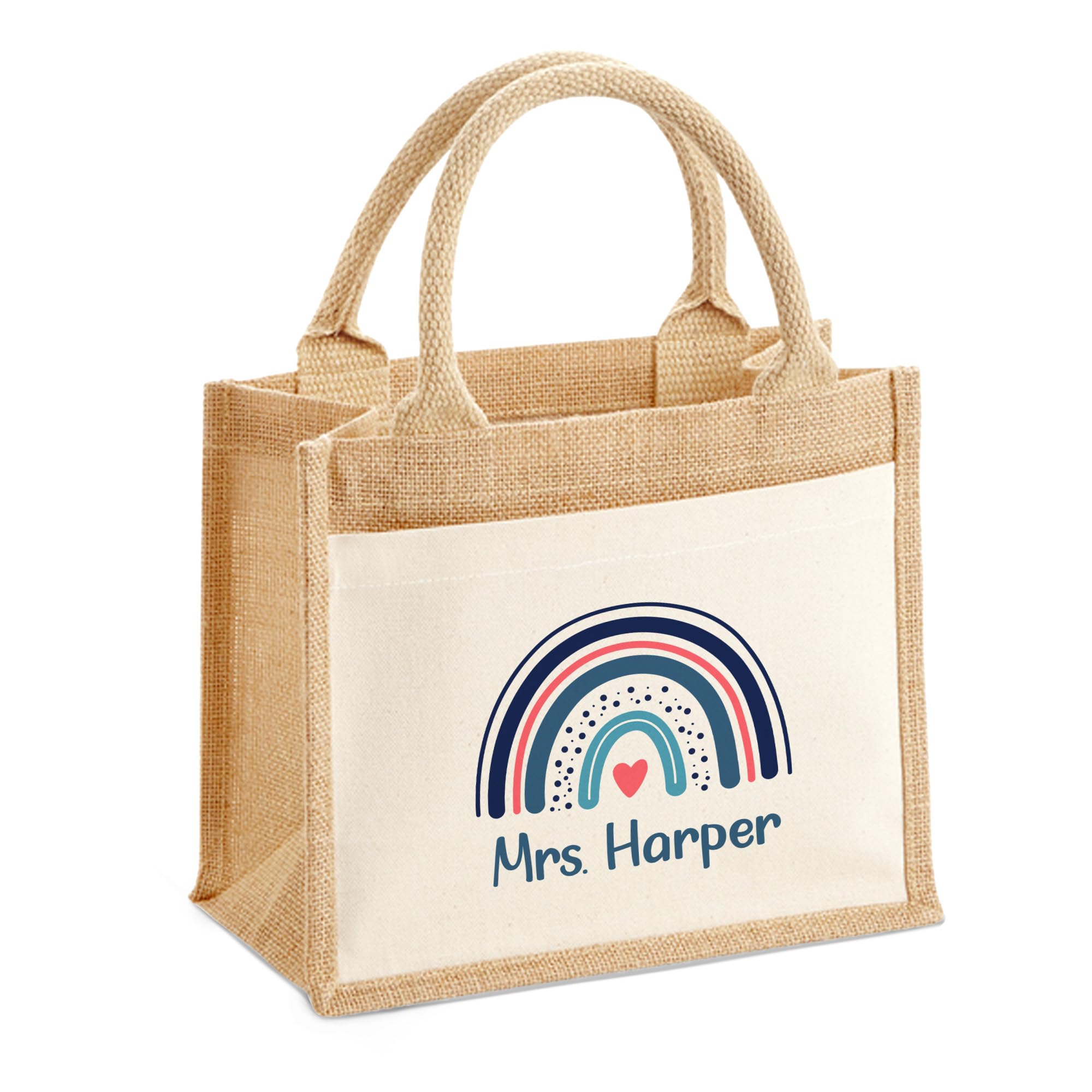 Print Maniacs Custom Name Teacher Tote Bag Front Pocket Rainbow Design Personalised Gift For Teachers Teaching Assistant Nursery Worker School Leaver Thank You Gift For Her Jute Bag