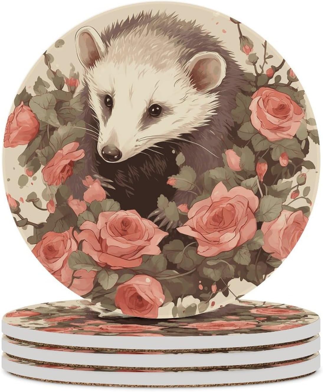 Opossum and Roses Coaster with Cork Base Drink Coasters for Coffee Table Decor Modern Cup Coasters with Non-Slip & Heat-Resistant Cute Ceramic Table Coaster for Home Dining
