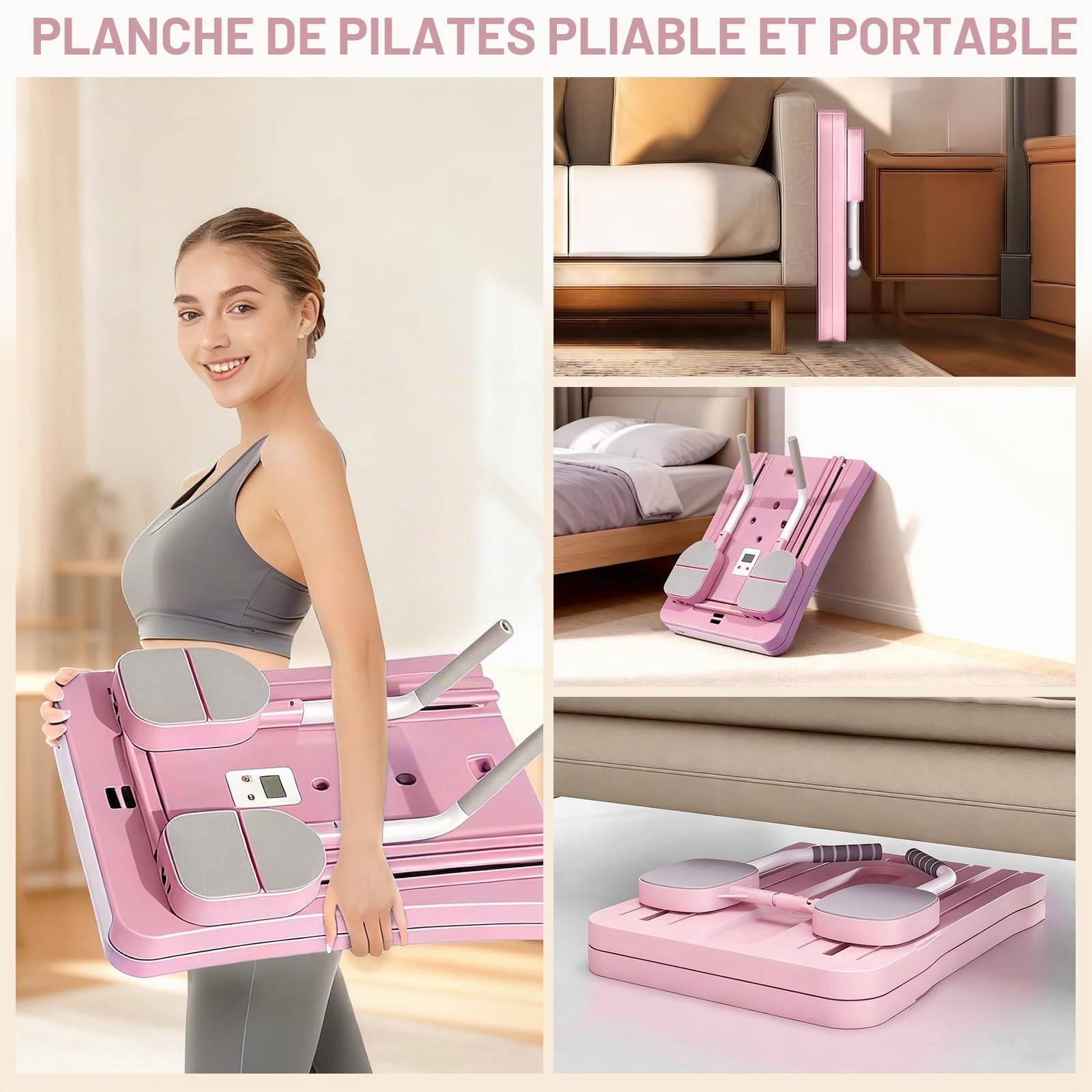 Roadtime Reformateur Pilates 6 en 1 Amélioré Pliable Ensemble et minuteur,Compact de Plateau Pilates pour la Protection des Genoux et Entraîneur Multifonctionnel,Planche Abdominale avec Rebond Rose