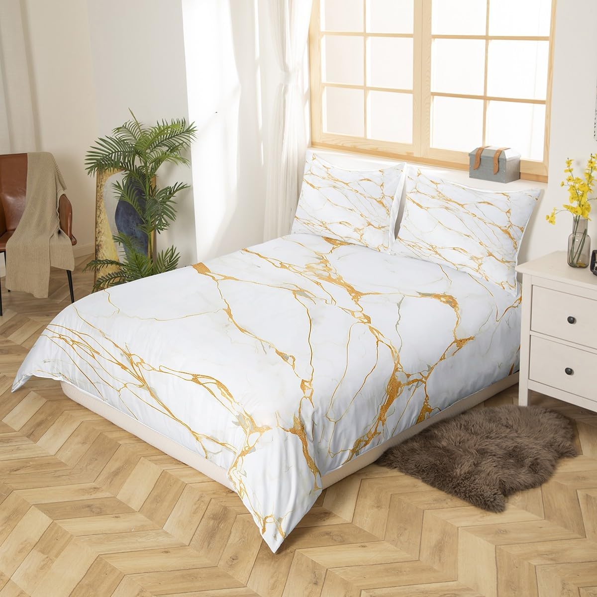 White Gold Marble Duvet Cover,Kids Modern Abstract Bedding Set,Watercolor Artwork Comforter Cover for Boys Girls Room Decor,Marble Bedspread Cover Twin Size with 1 Pillow Case(No Comforter)