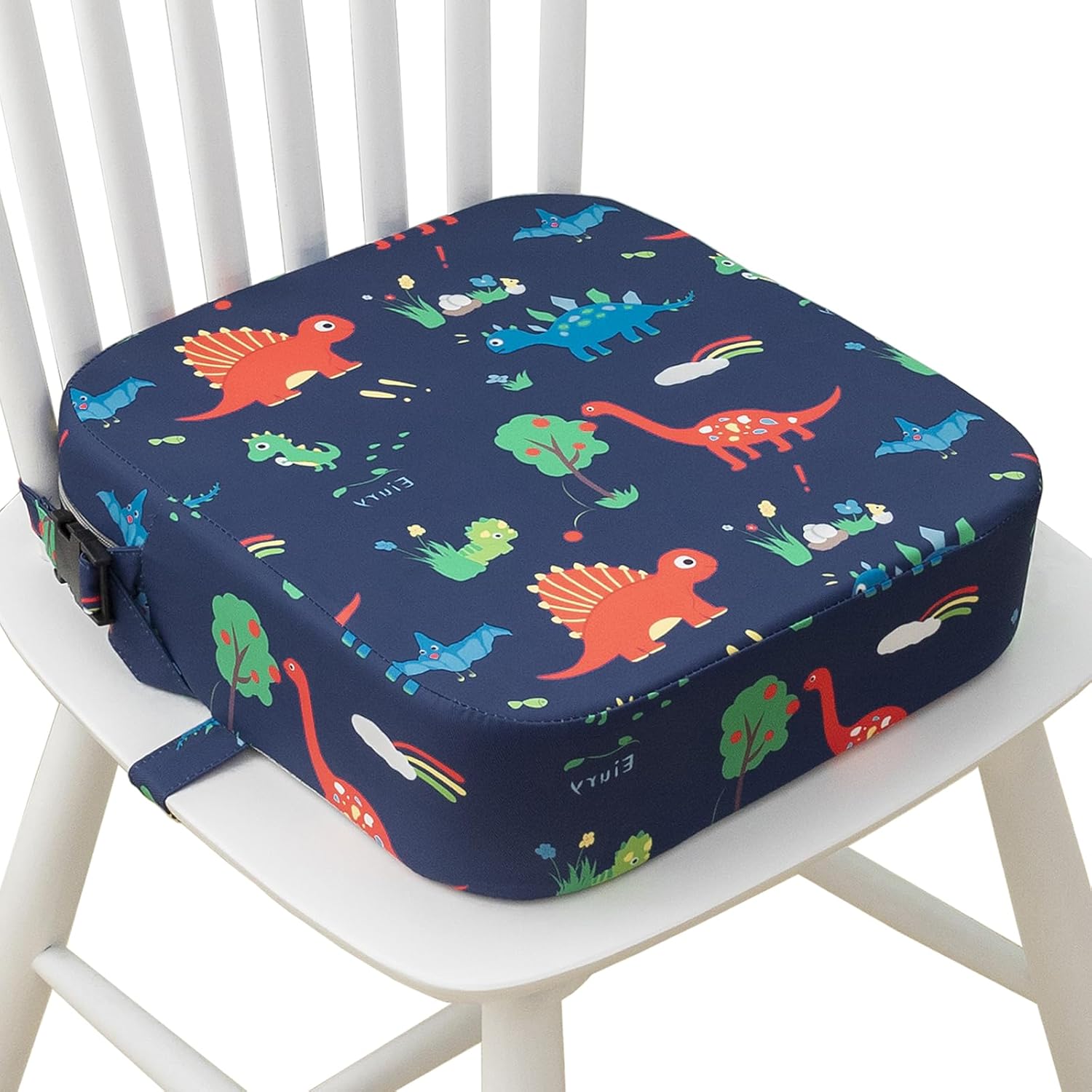 Eiury Toddler Booster Seat for Dining Table - Portable Kids Booster Cushion with Safety Buckles, 3.5" Foam, Non-Slip Bottom, Blue Dinosaur