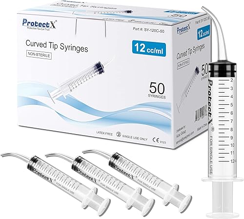 ProtectX Paquete de 50 jeringas de riego dental de 0.4 fl ozcc con punta curvada y medición, desechables para cuidado dental oral, eliminación de