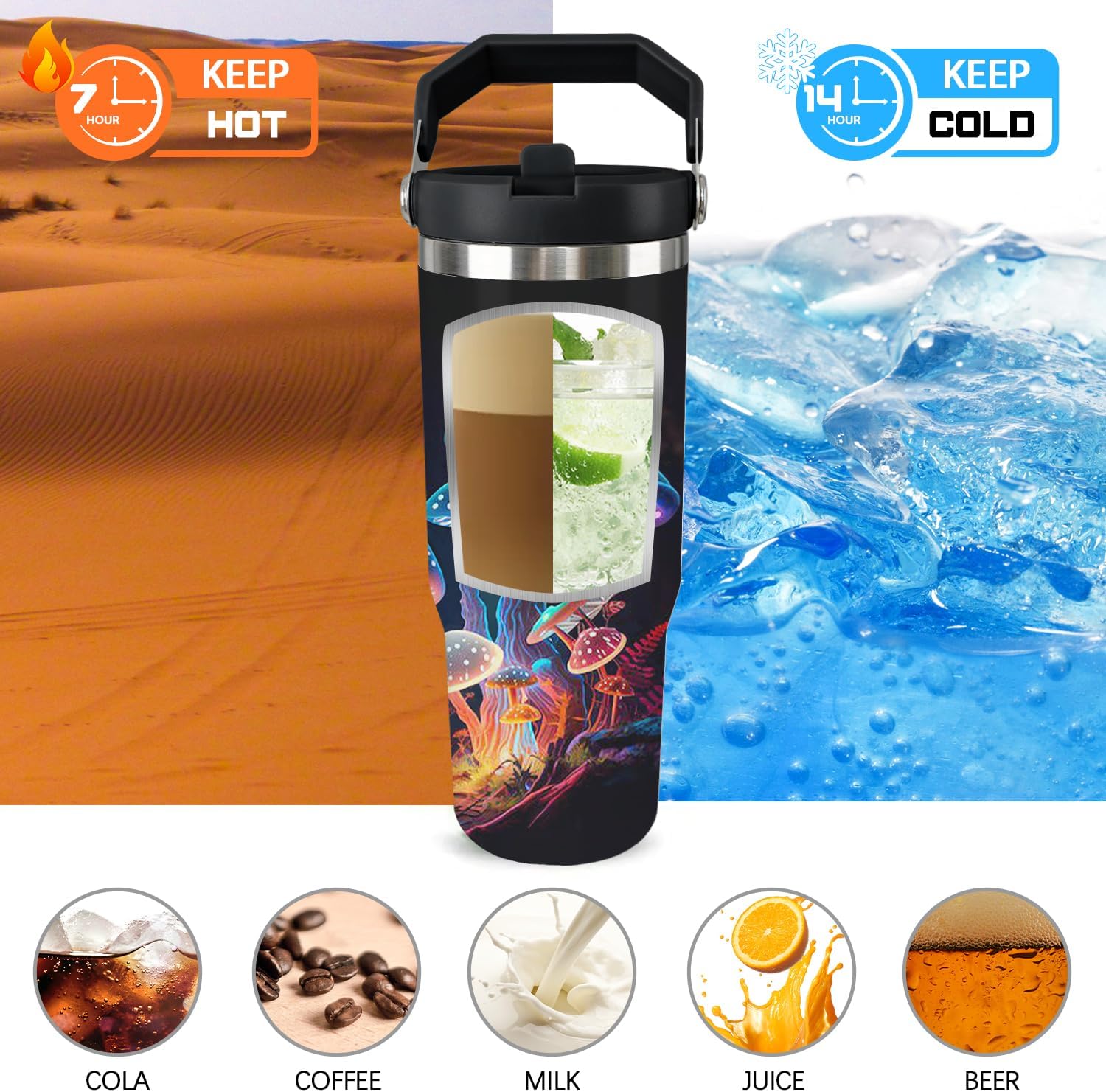 Mushroom Tumbler with Handle 30oz Vacuum Insulated Mushroom Cup with Lid and Straw Mushroom Gifts for Women Men - Image 3