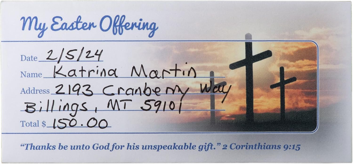 Easter Offering/Tithe Envelopes - Three Crosses Easter Design, Name, Date, Address, Easy-open Tab, Fits Bills & Checks, Choose Your Quantity (125, 250, or 500) (Package of 125)