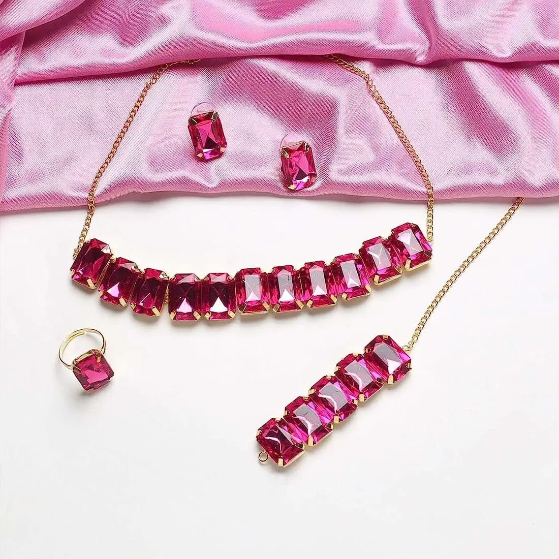 Handicraft Kottage Stone Choker Necklace With 1 Bracelet, 1 Ring and 2 Earring Imitation Jewellery Set for Women & Girls for Every Occasion (Dark pink) 3