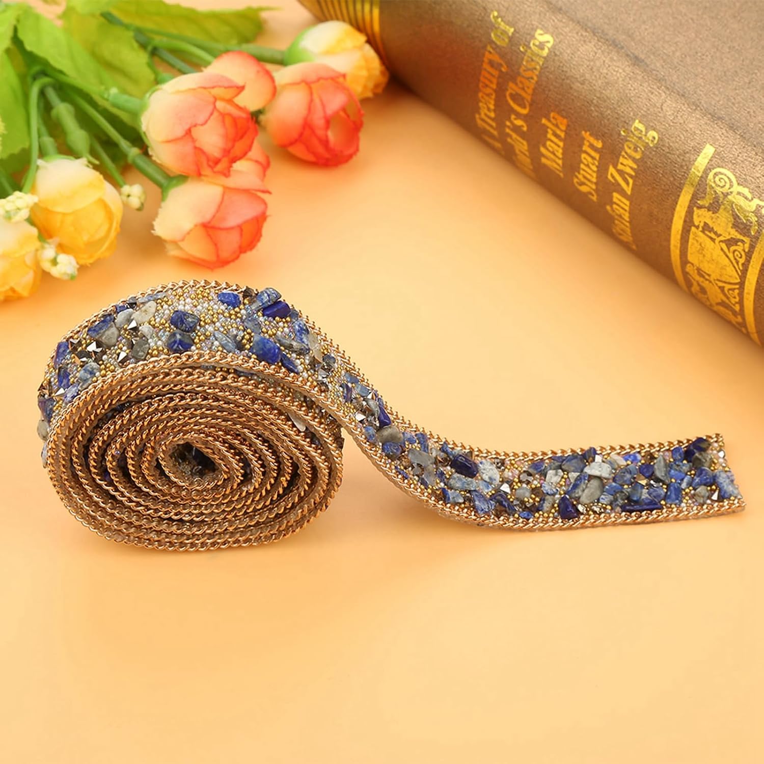 1 M Beaded Trim, 2 CM Width Beaded Ribbon, Rhinestone Trim, for Hat, Clothes, Wedding Dress, Blue Gold Rice Beads Gold Chain