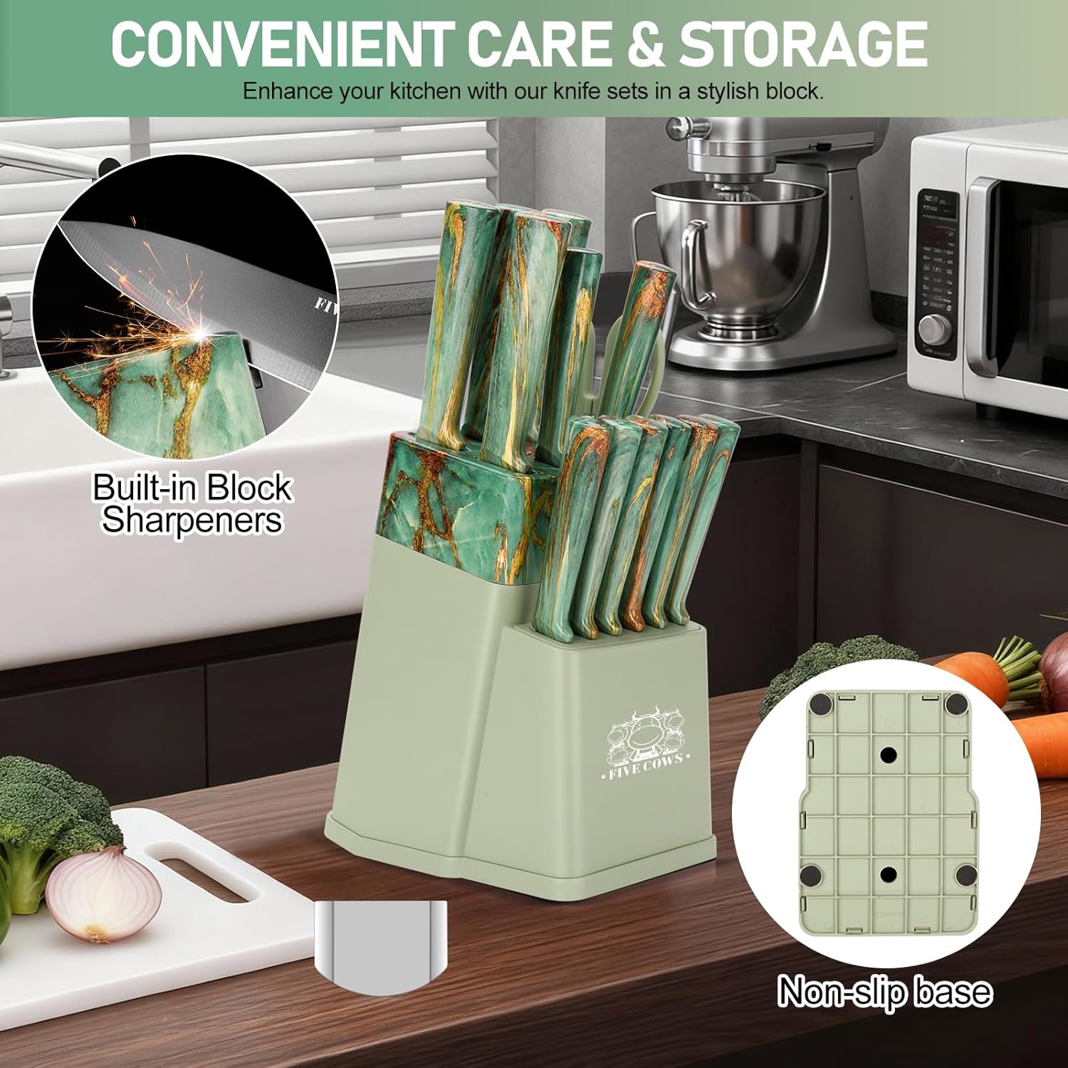 16-Piece Kitchen Knife Block Set with Cutting Board - German Stainless Steel Knives, Built-In Sharpener, Dishwasher Safe, Anti-Slip Handle - All-in-One Cutlery Set for Home/Kitchen (Cyan)