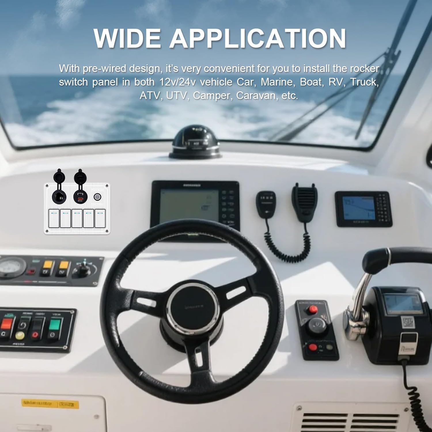 Marine Switch Panel,Boat Switch Panel Waterproof with Dual USB Charger,Aluminum 12/24V Rocker Switch with Digital Voltmeter Lighter Socket Press Protector(Sliver, 5 Gang)