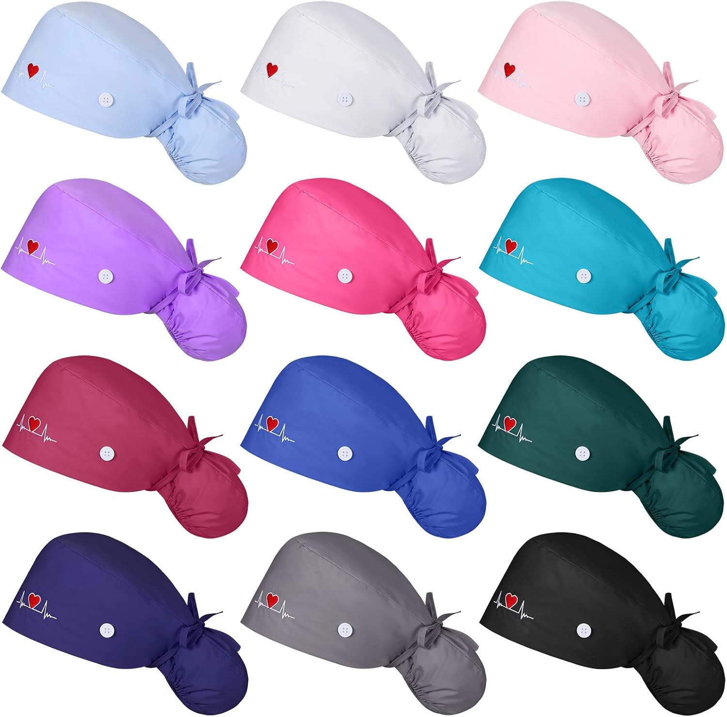 Tisancy 12 Pcs Adjustable Scrub Cap with Button and Ribbon Tie Sweatband Nurse Doctor Ponytail Solid Colorful Pouch Caps Tie Back Hats for Working Men Women with Long Hair (Heartbeat)