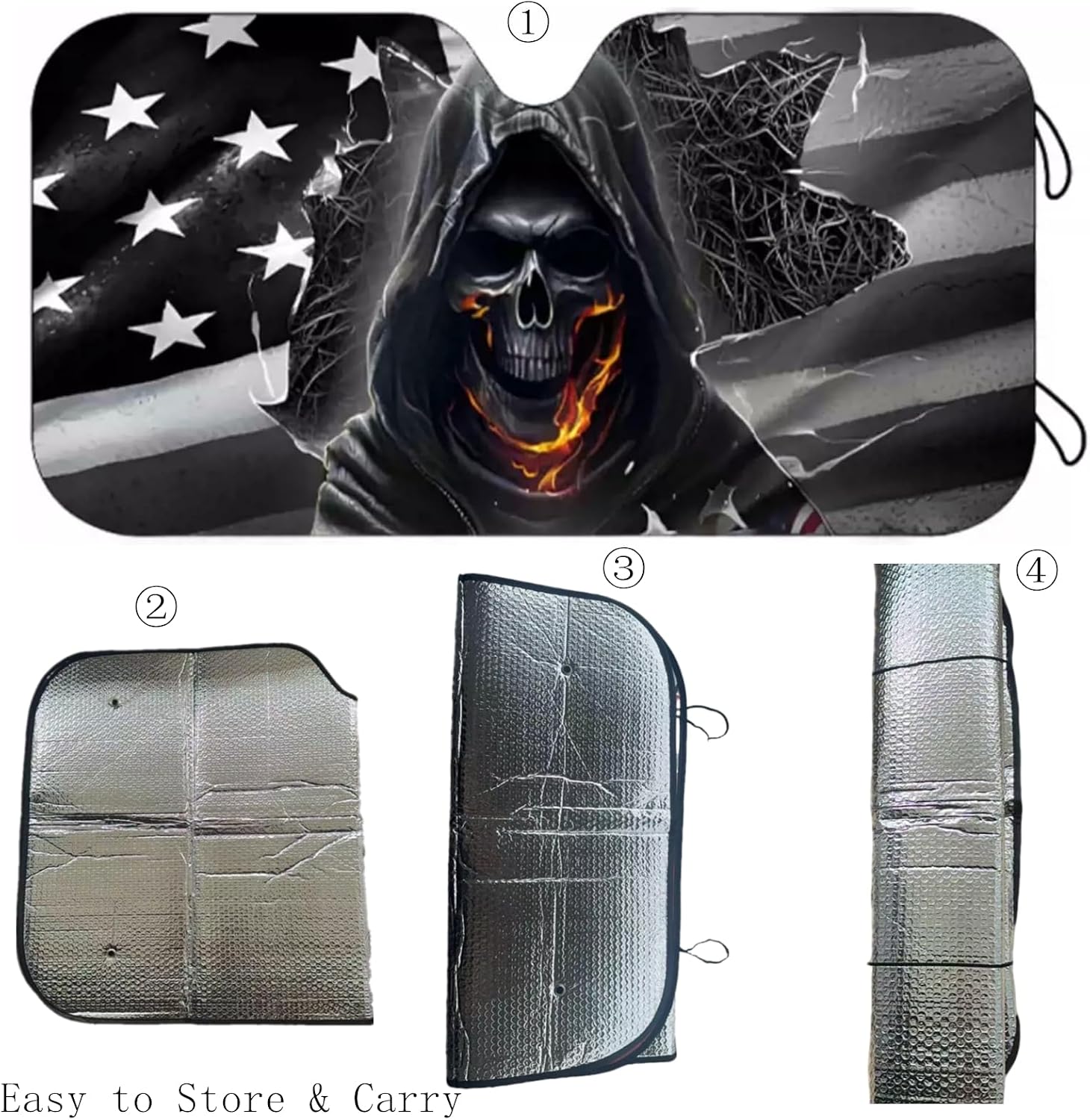 Car Windshield Sun Shade - 51x27.5 in Funny Sun Shades Front Windshield for Car Truck SUV, Foldable American Skull Flag Sunshade with 4 Suction Cups