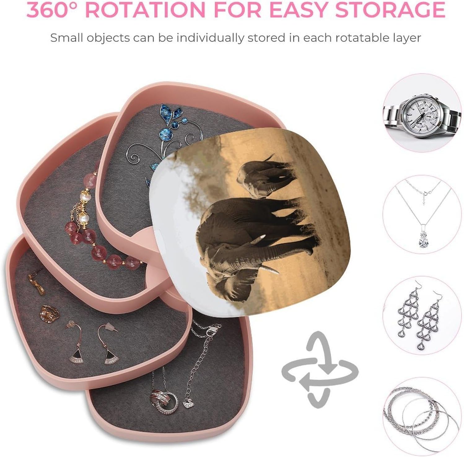 Walking Elephants Mother And Baby Jewelry Organizer 4-Layer Rotating Travel Jewelry Tray Case with Lid for Bracelets Rings Bracelets Small Jewelry Storage Box Earring Holder for Women image 4
