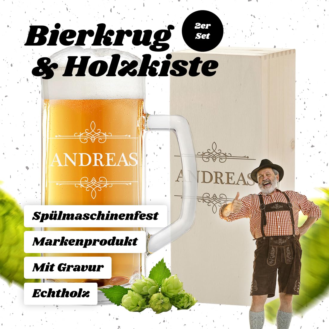 Coffret cadeau de 2 pièces : 1 chope à bière de 0,5 l + 1 boîte en bois avec gravure – Cadeau d'anniversaire et d'anniversaire – Verre à bière pour amis – Chope à bière avec trait de remplissage –