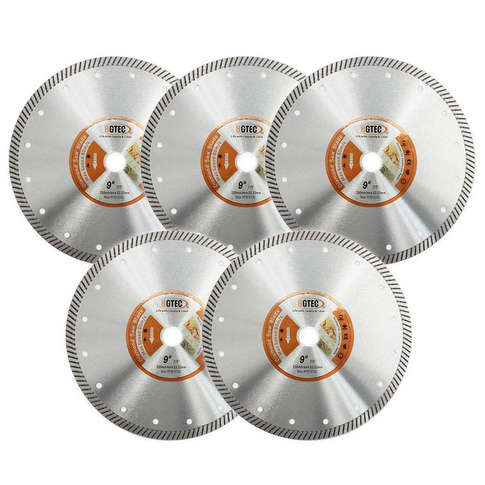 BGTEC Diamond Tile Blade,5pcs 9" Super Thin Turbo Rim Concrete Porcelain Saw Blade with 7/8" Arbor for Cutting Porcelain Tile Ceramic Granite Marble Hard Material Cutting Disc