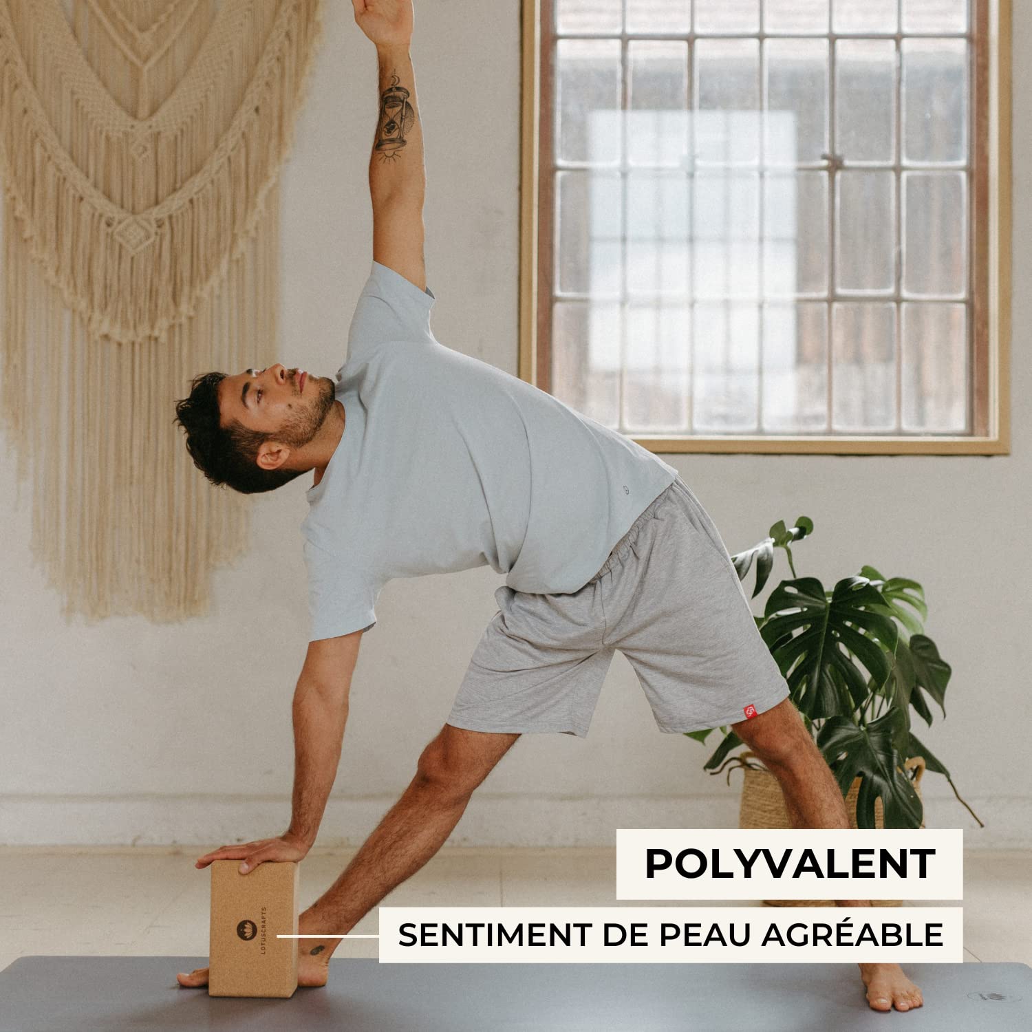 LOTUSCRAFTS Bloc de yoga en liège Supra Grip, brique à l'unité ou lot de 2, fabriqué écologiquement au Portugal, pour le et le pilates, yoga block pur débutants et avancés