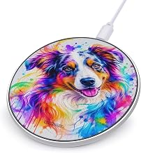 Cheerful Colorful Dog Wireless Charger for Phone, 10W Fast Charging Pad with 3.9" Round Aluminum Alloy Frame, Portable Charging Station with USB Cable