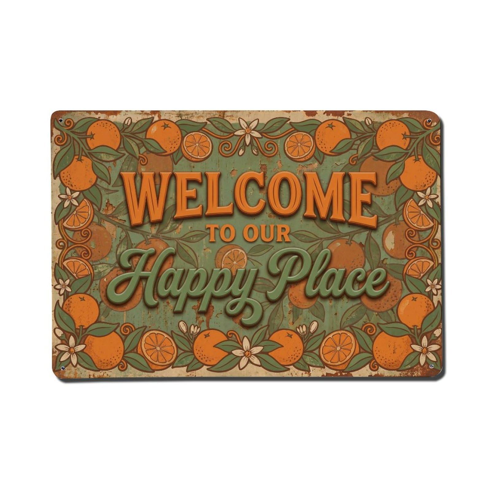 Okngb Style Tinsmith Tool Welcome Happy Place Floral Frame Motif Metal Tin Sign Plaque Wall Decor For Cafe, Man Cave, Club Bar, Office, Home Garden Round Metal Poster 8X12inch